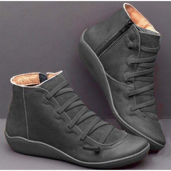 Ankle Boots Women PU Leather Women's Winter Cross Strap Vintage Plush Punk Warm Short Boots Flat Ladies Shoes Woman Botas Mujer